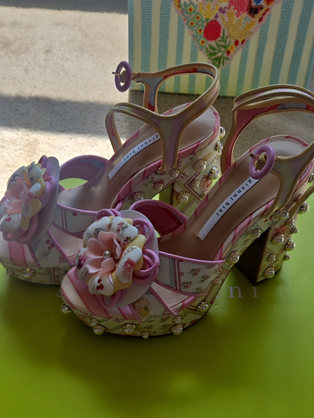 Gianni BiniBrook Two Floral Postcard Print Pearl Platform Block Heel Dress Sand